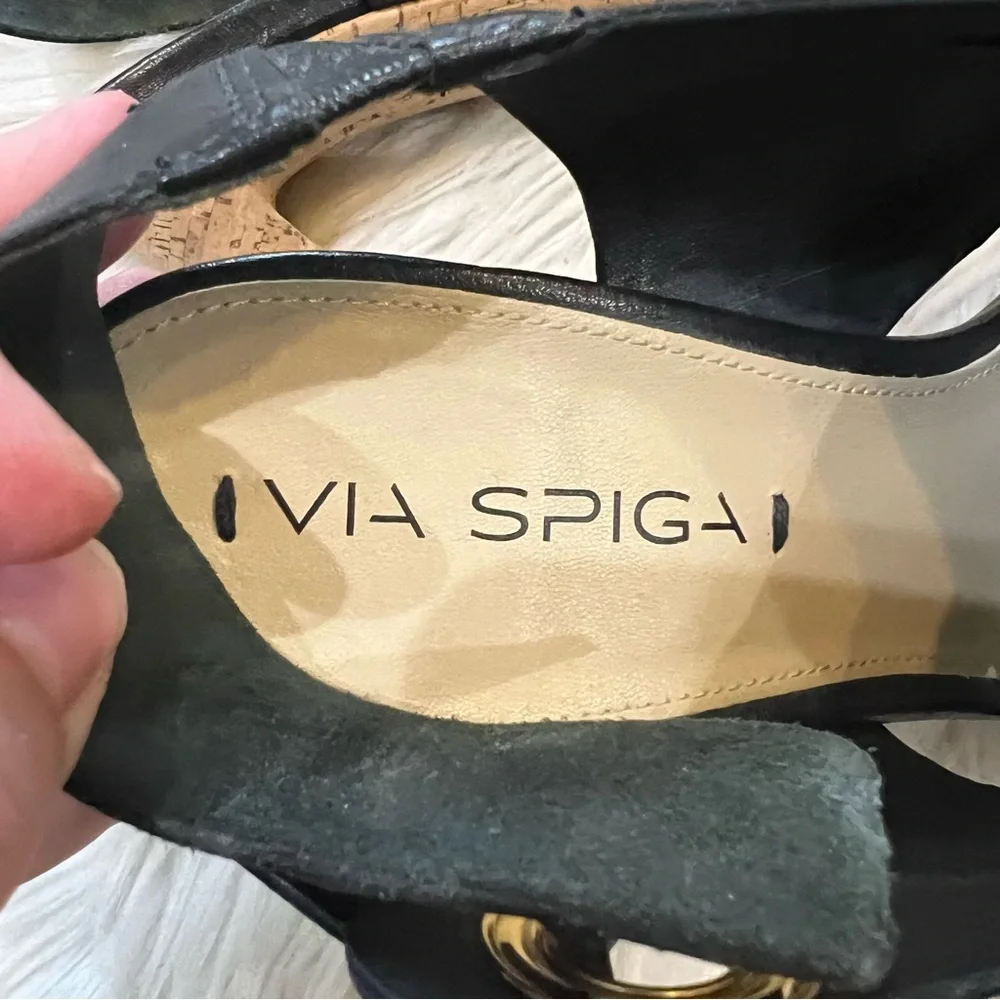 Via Spiga Black Leather Open Toe Cork Heel Onitta Sandals Women’s Size 6.5 - Picture 9 of 10